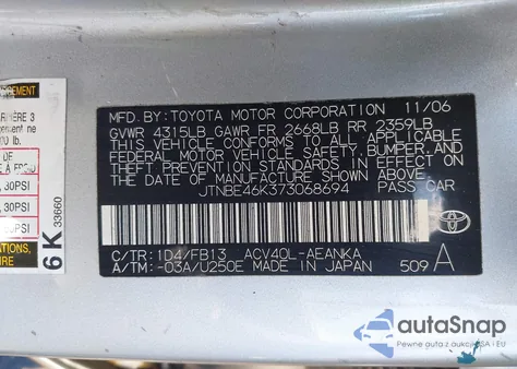 2007 Toyota Camry Le z USA, uszkodzony, nr VIN JTNBE46K373068694